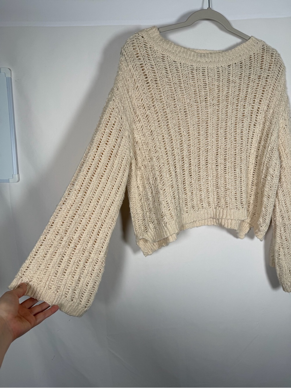 NATURAL LIFE Cream Open-Knit Crewneck Flare Sleeve Sweater Fairy, Boho, Granola